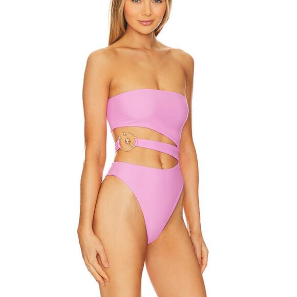 Lovewave Pink Strapless One Piece Swimsuit SMALL Cutout Monokini Cheeky $128 NEW - Picture 2 of 9